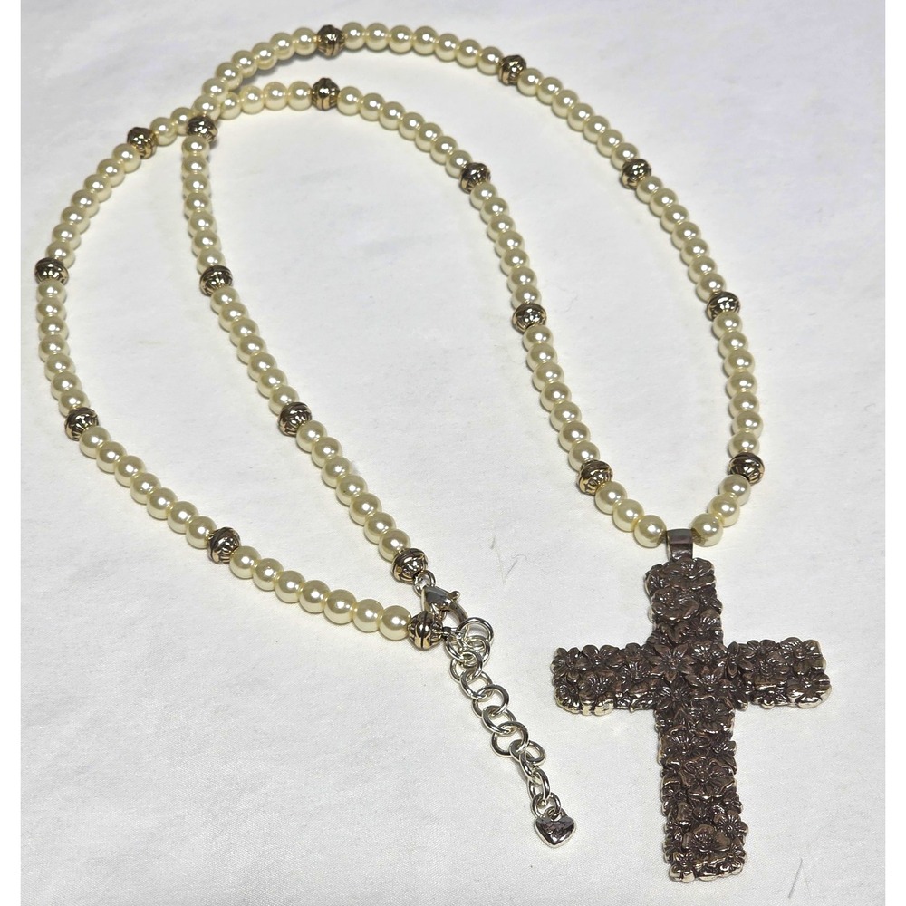 Brighton Floral Cross Pearl Necklace 18" Silver Tone Cream Beaded Retired